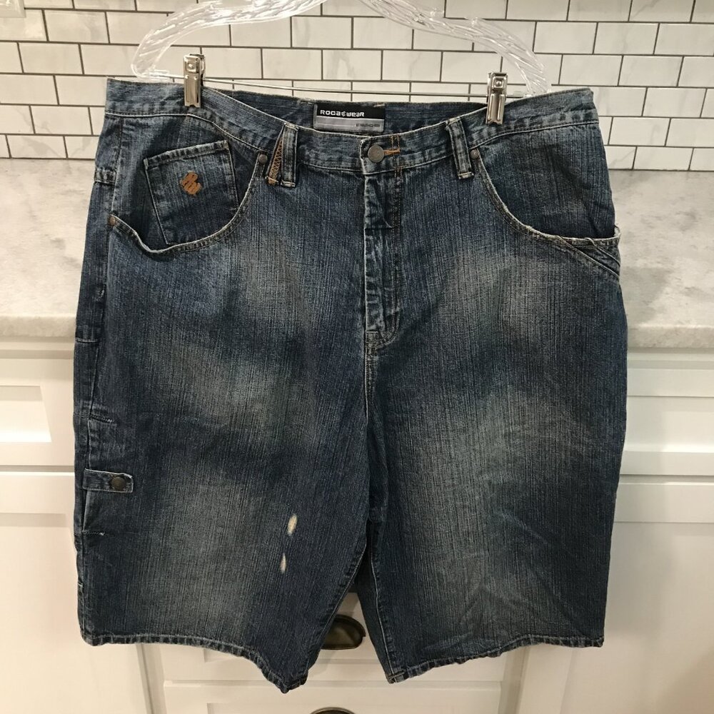 Rocawear Shorts Mens 40 Denim Carpenter Distressed Baggy Hip Hop Y2K Embroidered
